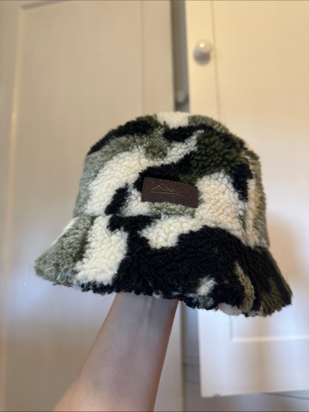Faux Sherpa Camo Bucket Hat - Green/Black/White